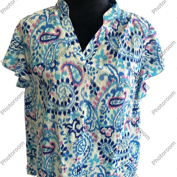 Sason Curve Blue Paisley Short Ruffle Sleeve Blouse OXL - Picture 1 of 5